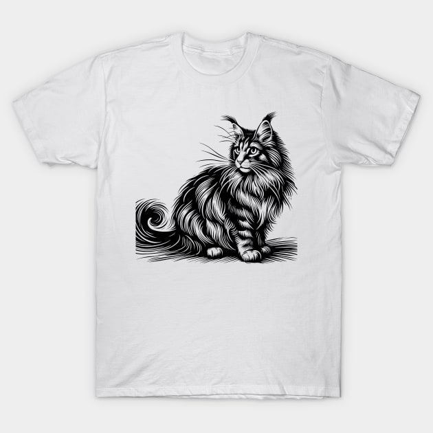 Stick figure of Maine Coon cat in black ink T-Shirt by WelshDesigns